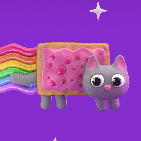 Illustrated gif. Three-dimensional Nyan Cat, with a poptart for a body and a rainbow trail, gallops through a purple starry sky.