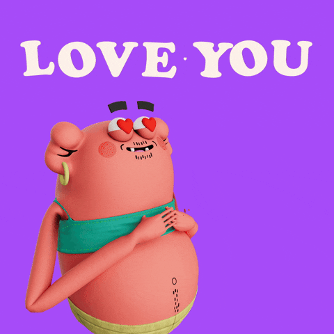 3D animated gif. Smiling pink potato character wears a teal crop top, yellow earring, mustache, goatee, and googly eyes with hearts against a bright purple background. Their crop top exposes a pot belly with hair trailing below the belly button, as they beat their hands over their heart. Red heart shapes emerge from their chest each time they open their hands. Text, "Love you."