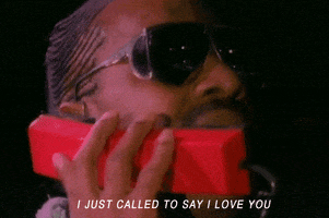 Digital compilation gif. Video closeup of Stevie Wonder holding a red phone up to his ear as he sings passionately into it. Subtitle reads, "I just called to say I love you."