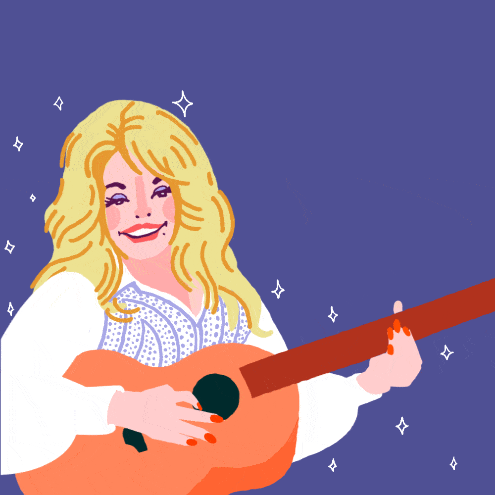 An animated gif illustration with a picture of Dolly Parton and the words "vaccine, vaccine, vaccine, vaccine" appearing one by one, in an homage to her song Jolene.