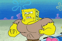 SpongeBob SquarePants gif. Super buff, SpongeBob rips off his shirt, puffs out his chest, and grits his teeth with anger.