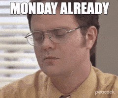 The Office gif. Rainn Wilson as Dwight looks annoyed. Text, “Monday already.”