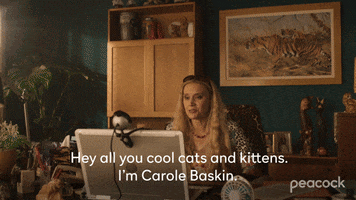 TV gif. Kate McKinnon as Carole Baskin in Joe vs. Carole: Who's Who. She sits in her office full of leopard print and we zoom into her as she introduces herself, saying, "Hey all you cool cats and kittens. I'm Carole Baskin."