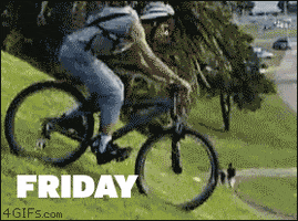 Video gif. Footage of a cyclist riding their bike down a steep grassy hill with the text, "Friday." Halfway down the hill, the text changes to, "Saturday." As they get to the bottom of the hill at the street, the text changes to, "Sunday." A car hits the cyclist, and the text changes to, "Monday."