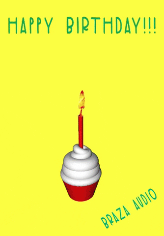 Digital art gif. Candle tops a cupcake with white frosting before it erupts a with smiling lime green cartoon bear and a spray of confetti. Text, "Happy Birthday!"