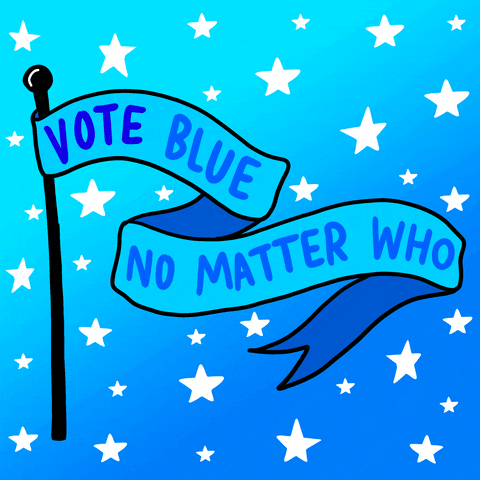 Illustrated gif. Cyan and cobalt banner, tails waving, on a bright starry background. Text, "Vote blue, no matter who."