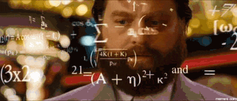 Meme gif. Zach Galifianakis as Alan on The Hangover looking blank while complicated math equations pop up around his face.
