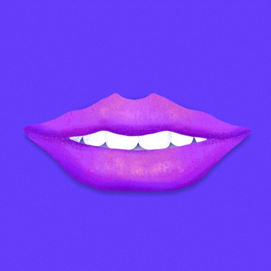 Digital art gif. Animation of a cartoon mouth with purple lips opens over and over again, revealing different text each time. The text says, "We say gay," "We say lesbian," "We say bi," and "We say trans," all against a purple background.