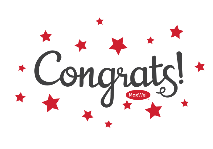 Nápis "Congrats!" s vystřelujícími červenými hvězdičkami na bílém pozadí. 