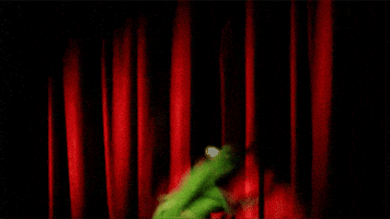 Muppets gif. Kermit wiggles ecstatically, flopping around with his mouth wide open, standing in a spotlight in front of a red curtain.