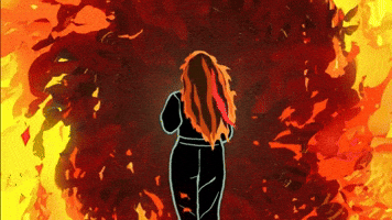 TV gif. A woman on Dream Corp LLC runs away from us into a spiraling blaze of fire and red nothingness in the distance. 