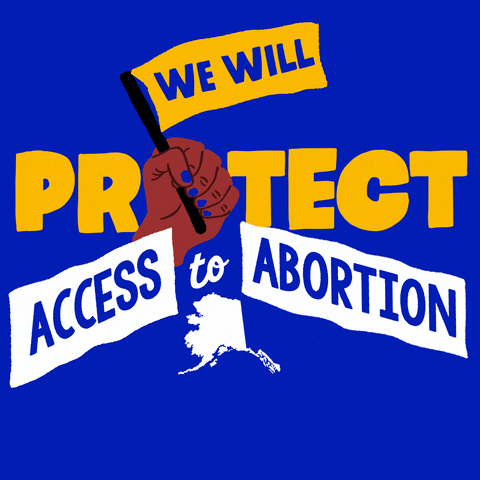 Text gif. Brown hand with blue fingernails in front of bright blue background waves a yellow flag up and down that reads, “We will,” followed by the text, “Protect access to abortion. Alaska.”