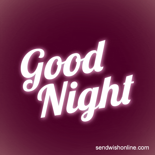 Text gif. Cursive glowing text reads "Good Night" on a purple background of yellow stars and a crescent moon that fade in and out of the scene. 