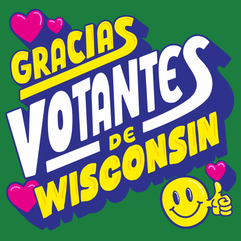 Digital art gif. Yellow and blue-purple 3D bubble letters bob in and out on a grass green background, surrounded by hot pink hearts and a smiley face giving a thumbs up. Text, "Gracias votantes de Wisconsin."