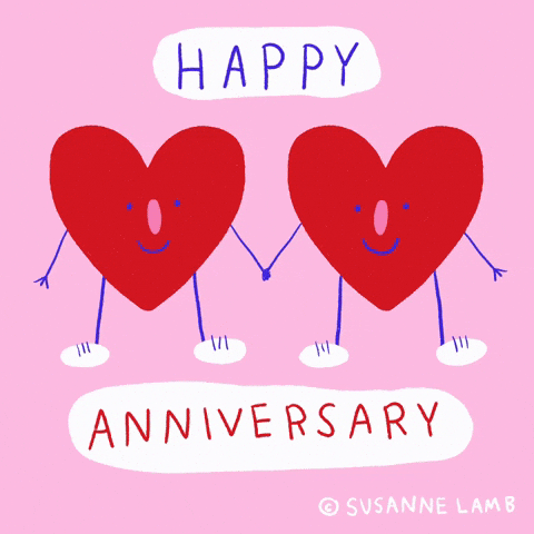 Illustrated gif. Two hearts with smiley faces on them and stick legs and arms hold hands and bounce their knees. The handwritten text says, “Happy Anniversary,” and bounces with them.