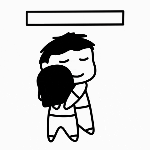 Kawaii gif. Black and white linear drawing of a short person hugging a taller person. Progress bar on the top loads and reads "oxytocin" and then flashes with text "recharge complete."