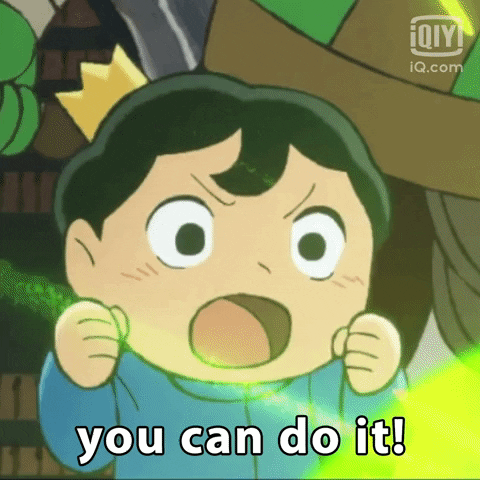Anime gif. Bojji of Ranking of Kings pumps his fists in front of him and yells, “You can do it!”