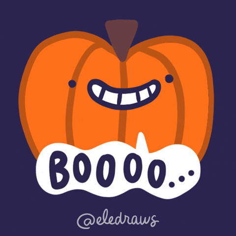 Digital art gif. Smiling orange jack-o-lantern wiggles in front of a navy blue background with a speech bubble that says, “BOOOO…”