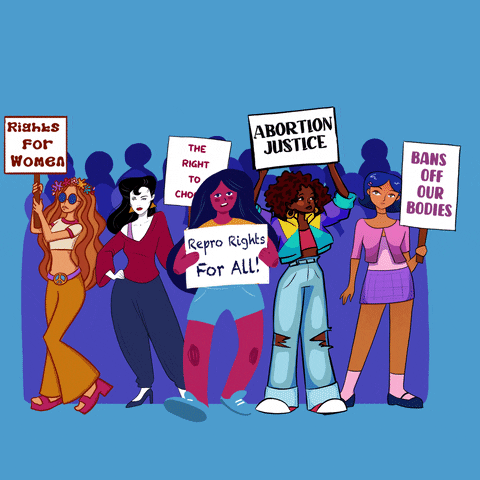 Digital art gif. Illustration of five diverse women holding protest signs in front of a crowd of people against a light blue background. The signs read, “Rights for women, The right to choose, Repro rights for all!, Abortion justice, and Bans off our bodies.”