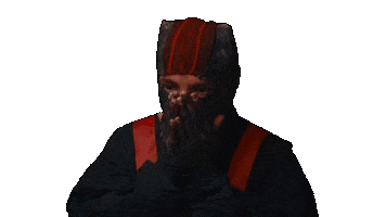 Sticker gif. Wearing a black beanie and cloak, Tyler Joseph of Twenty One Pilots suspiciously shifts his eyes and  grins at us.