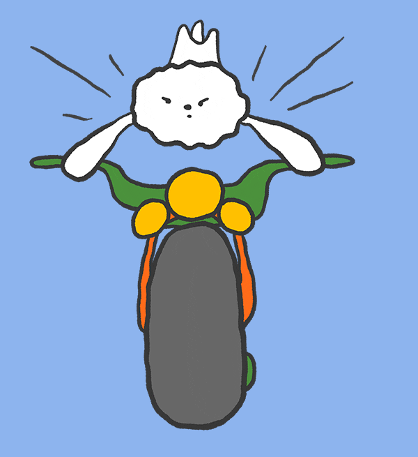 Illustrated gif. A white Maltese puppy is holding onto the handles of a motorcycle and is literally flying as it speeds. Its whole body is flying off the seat but it looks in control and serious as it jets away.