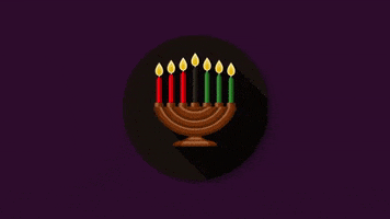 Digital illustration gif. Kwanzaa candle sits on a dark purple background. The word "Umoja" slides into the center of the frame then flips to its translation, "Unity." 