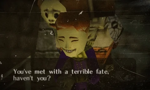 GIF of the Happy Mask Salesman in Majora's Mask with the textbox "You've met with a terrible fate, haven't you?"