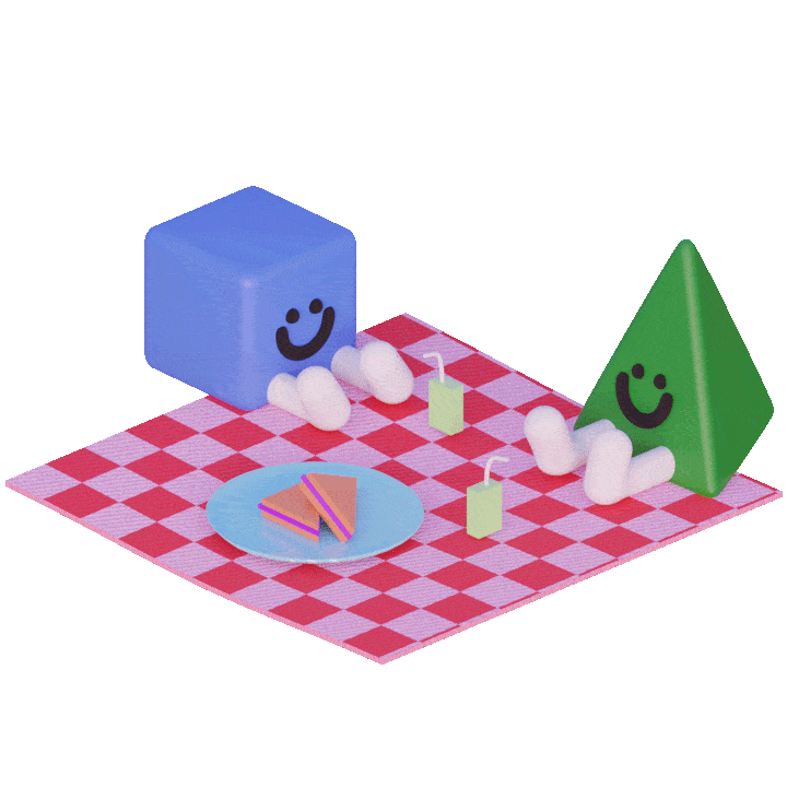 3d cartoon shape people sitting on a picnic blanket with food