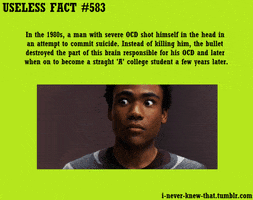Celebrity gif. Donald Glover looks at something fearfully, his eyes wide and his face unmoving. Above him, text reads: "Useless fact #583. In the 1980s, a man with severe OCD shot himself in the head in an attempt to commit suicide. Instead of killing him, the bullet destroyed the part of this brain responsible for his OCD and later went on to become a straight 'A' college student a few years later."