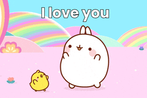 Kawaii gif. A little yellow chick hops into the embrace of a white bunny amid rainbow colored hills. Text, "I love you."