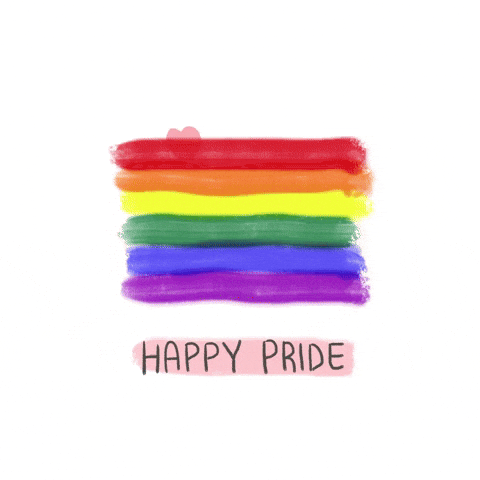 Illustrated gif. Painted rainbow lines that represent the LGBTQ pride flag. Pink hearts fly off of it. Text, “Happy pride.”