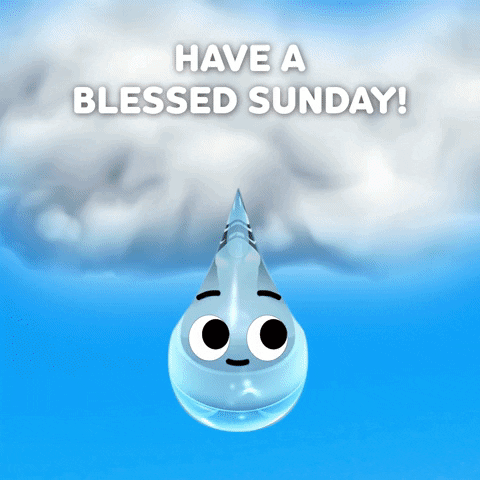 Digital illustration gif. Smiley droplet of water falls from the sky into a smiley pot of dirt that immediately sprouts a single flower that quickly grows into a full purple bloom against a bright sky blue background. Text, "Have a blessed Sunday!'