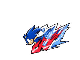 Sponsored sticker gif. Sonic the Hedgehog races forward. Blue and red bolts of lightning flicker behind him because he’s going so fast.