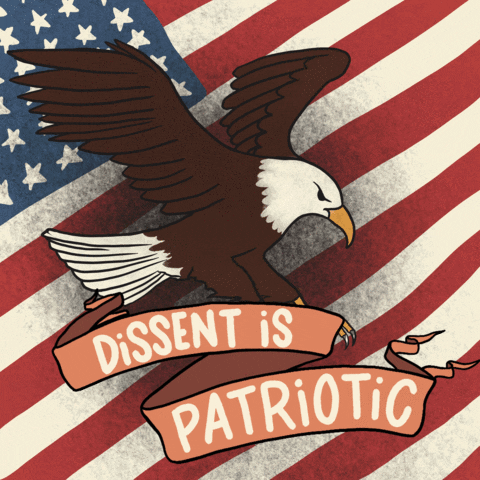 Digital art gif. Bald eagle swoops down, clutching a banner that reads “Dissent is patriotic” over an American flag background.