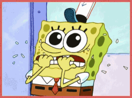 SpongeBob gif. SpongeBob looks extremely nervous, eyes wide, as he bites toff the nails of both of his hands, nail clippings flying everywhere.