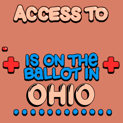 Text gif. Colorful bubble text flanked by pulsating red medical plus signs against a mauve background reads, “Access to healthcare is on the ballot in Ohio.” The word “healthcare” moves across the screen in the same zigzag manner as an electrocardiogram machine. A line of blue dots marches across the bottom.