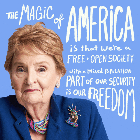 Political gif. Portrait of Madeleine Albright looking at us with a subtle smile against a periwinkle background. Quoted text, "The magic of America is that we're a free and open society with a mixed population. Part of our security is our freedom."