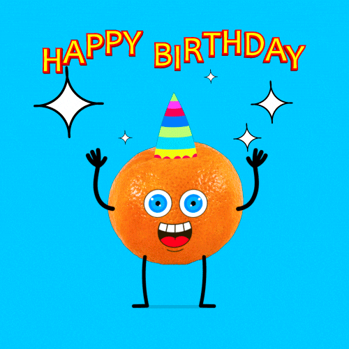 Digital art gif. An orange with a face and body parts wears a party hat on its head. Its legs wiggle and it waves its hands up in the air as it stares at us with a big smile. Sparkles shimmer all over it. Text, Happy Birthday.”