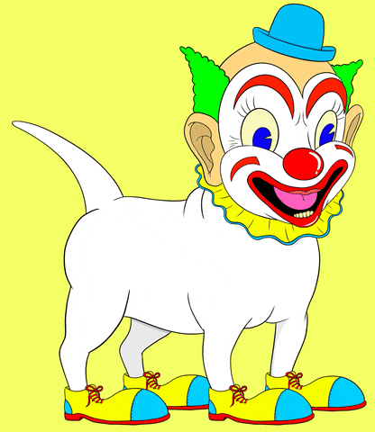 Digital art gif. Clown-faced dog wags its tail and sticks out its tongue, wearing clown shoes, against a yellow background.