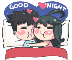 Cartoon gif. The text, “Good night” floats above in the night sky as a cartoon man and a woman cuddle each other in bed. They love each other so much that they create pink hearts that float above them and pop like fireworks.