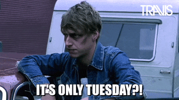 Celebrity gif. With cuts and bruises all over his face, Travis band member Dougie Payne looks over to the right with wide eyes and a slightly agape mouth, as if he just heard something shocking. Text reads, "It's only Tuesday?!"
