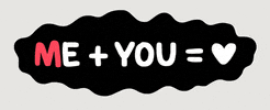 Digital art gif. A wavy black circle encompasses rotating rainbow text. "Me + You = heart."