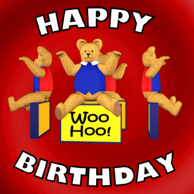 Digital art gif. Teddy bears in red and blue shirts sit on blocks that read “Woo hoo!” Text, “Happy Birthday.”