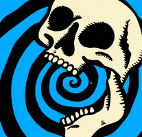 Digital art gif. Spooky cartoon skulls on a black and blue hypnotic background open their jaws to reveal another skull over and over again, creating a seamless and endless loop.