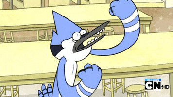 Cartoon gif. Mordecai on Regular Show stares wide-eyed, pumping up his fists like he's ready to fight.
