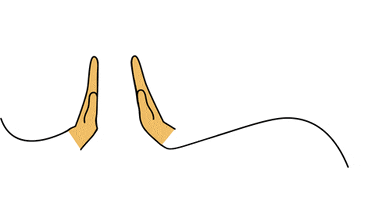 Digital art gif. Two wavy lines that represent arms, come together as two hands touching in prayer. 