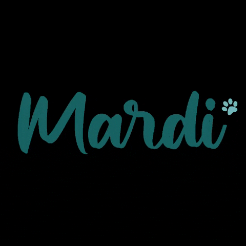 Text gif. Text in dark green cursive reads, "Mardi," featuring a light green paw print at the end, against a black background.