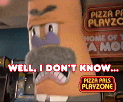 Ad gif. A mascot from Pizza Pals Playzone looks grumpy as it jostles around and says, "Well, I don't know. Technically, according to the pepperoni code..."