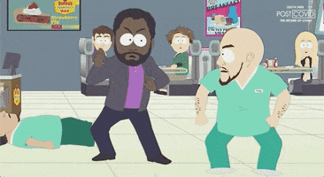 South Park gif. In Denny's, Tolkien Black showcases his martial arts skills by doing a crane pose before hitting and kicking a man in nurse scrubs in the face. Another unconscious nurse lies in the background, and witnesses watch the entire scene unfold from their tables.