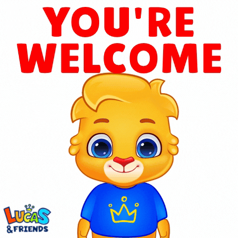 Cartoon gif. Lucas from Lucas and Friends smiles and takes a bow. Text, "You're welcome."